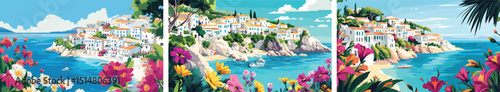 Picturesque Mediterranean Coastal Village Triptych Vibrant Floral Frame Idyllic Seaside Vacation Destination Summer Escape Travel Scenery Whitewashed Houses Azure Sea Panoramic View Colorful