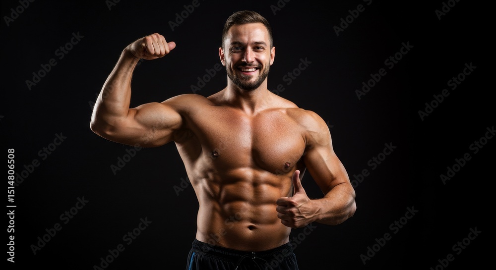 Fototapeta premium Photo Of Muscular Man Flexing Biceps On Dark Background In Studio
