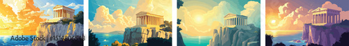 Ancient Greek Temple on a Cliff overlooking the Sea at Different Times of Day - History Architecture Landmark Mythology Travel Destination Scenic Landscape Seascape Ocean Coastline Colorful