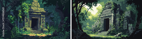 Ancient Jungle Temple Ruins Hidden Deep within Lush Tropical Forest Landscape with Stone Architecture and Overgrown Greenery Fantasy Adventure Travel Destination Archaeological Discovery Lost