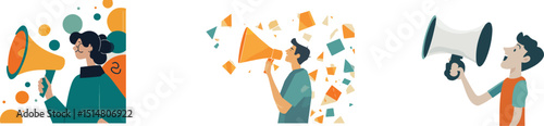 People shouting through megaphones announcement promotion marketing advertising bullhorn speaker communication share news information notify important message broadcast loud speech alert attention