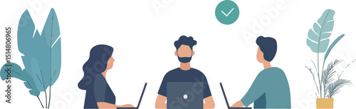 Teamwork success business team working together on laptops project complete check mark symbol office colleagues collaborating on task successful teamwork cooperation and partnership concept