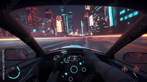 Driving at night inside the car with neon illuminated dashboard and lights