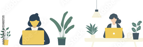 Women working on laptops in office and home environment surrounded by plants promoting work life balance freelance remote work and healthy work environment concept illustration