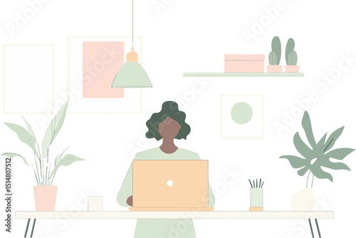 Young Black Woman Working From Home Office Setup with Plants Minimalist Design Remote Work Freelance Career Girl Boss Entrepreneur Startup Small Business Pastel Colors Modern Aesthetic Illustration