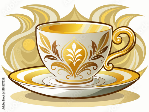 vector of A cup with a white saucer and a golden design. Perfect for fine dining experiences. This exquisite piece adds a touch of luxury to any table...