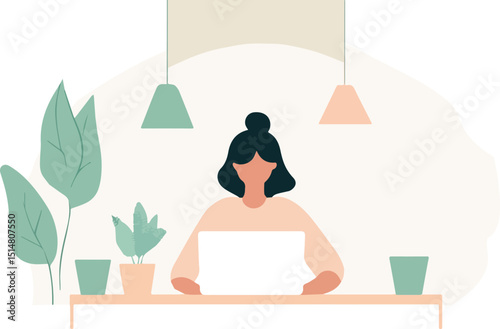 Young woman working from home office using laptop computer sitting at desk with plants freelancer working online studying learning business woman entrepreneur online education student studying at