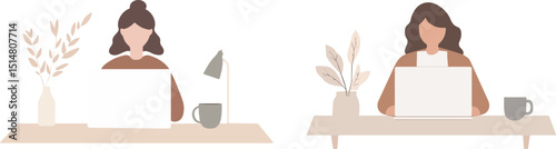 Two young women working from home freelance workplace cozy workspace modern interior design comfortable home office desk lamp coffee mug plants in vase remote work online business entrepreneur work