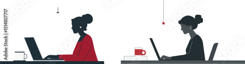 Two women working on laptops silhouette illustration office work freelance work remote work work from home concept vector graphic design minimal modern style freelance online education online course