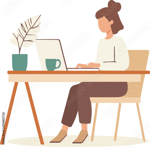 Woman working from home office sitting at desk typing on laptop computer with cup of coffee and potted plant freelancer working online studying or browsing internet modern minimalist style