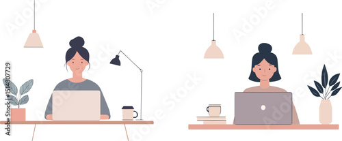 Young woman working or studying from home office desk setup with laptop plant and coffee cup freelance worker or student studying online remote work concept comfortable workplace illustration