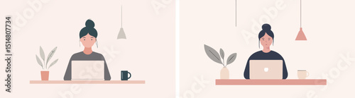 Young woman working from home freelancer working on laptop at home office desk with plant and coffee cup minimalist flat vector illustration remote work concept online education studying learning