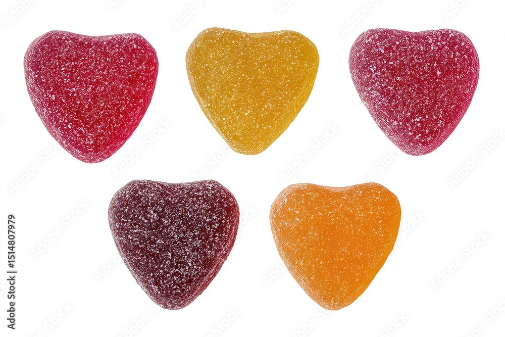 Fototapeta premium Sugar heart-shaped gummy candies in assorted colors, bright and textured confectionery treats for sweet lovers isolated on white background