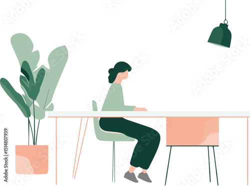 Woman sitting at desk working from home office with plants and modern decor freelancer working on laptop computer remote work studying learning online education home workplace comfortable workspace