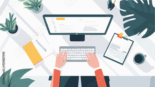 Person working on a computer at a desk with plants coffee and documents top view office workplace business work from home freelance online education studying communication social media marketing