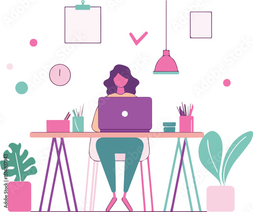Woman working from home office at her desk freelance worker young businesswoman working on laptop computer with house plants modern workspace interior design concept flat style vector illustration