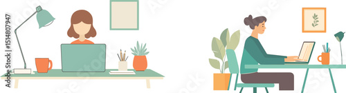 Women working from home freelance character comfortable workplace home office desk laptop computer business woman online studying education workspace interior concept plant decor remote work online