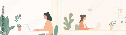 Young woman working from home or office using laptop computer surrounded by plants freelance worker remote work concept online education home interior cozy workplace business student online study
