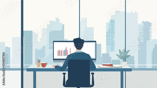 Businessman working on computer with graph chart analysis data information in office workplace with cityscape view background business and finance concept vector illustration