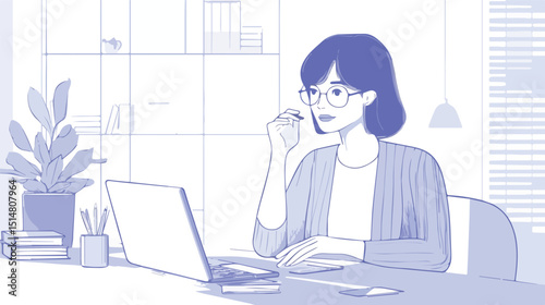 Young woman working from home office using laptop computer distant online work concept student studying learning online education freelance workplace interior horizontal portrait vector illustration