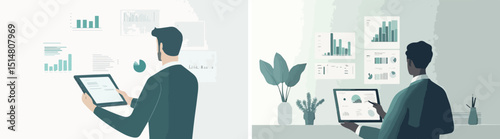 Business analytics and financial audit data analysis concept Businessmen analyze financial data charts and graphs financial reports investment returns planning and strategy modern vector illustration