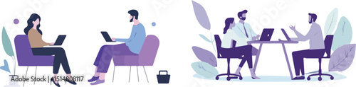 Business People Working On Laptops In Office And Coworking Space Teamwork And Collaboration Concept Modern Office Interior Business Meeting Discussion Brainstorming Vector Illustration Flat Design