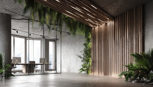 Modern, minimalist office space with a lush, vertical garden