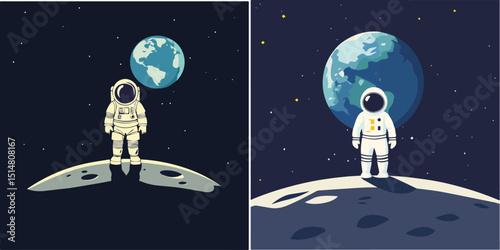 Astronaut Standing on Moon Surface with Earth in Background Space Exploration Lunar Mission Science Fiction Illustration in Two Color Palettes with Stars and Craters Ideal for Space Related Projects