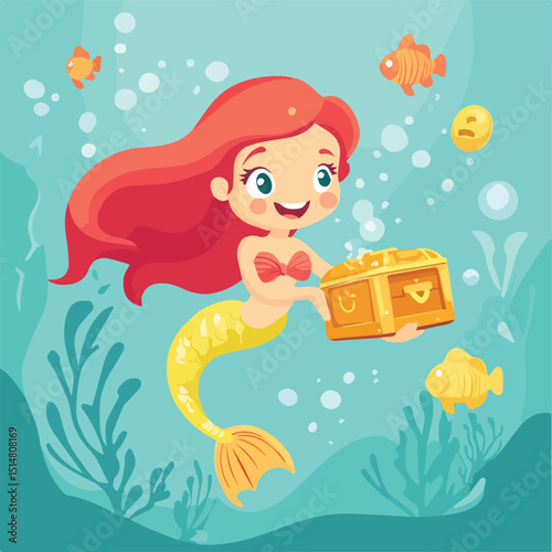 Cute Mermaid Girl Holding Treasure Chest Underwater Among Seaweed and Fish Cartoon Vector Illustration for Kids Story Book Fantasy Marine Life Fairytale Character Ocean Adventure Treasure Hunt Design