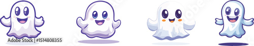 Four cute smiling Halloween ghosts with big eyes floating isolated on white background Halloween party decoration spooky scary ghostly phantom costume boo trick or treat creepy funny cartoon