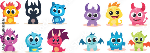 Cute colorful cartoon monsters goblins trolls Halloween spooky fantasy funny characters set isolated vector illustration for kids party decoration print game design pattern website or app
