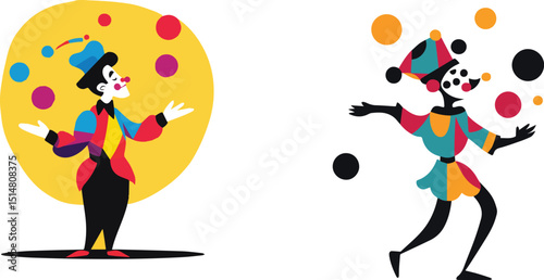 Two clowns juggling colorful balls entertainment circus performers humor comedy show isolated characters vector illustration graphic design art playful fun colorful abstract stylized drawing simple