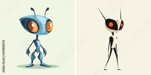 Friendly blue robot and mysterious black robot characters isolated on light background futuristic robotic creatures artificial intelligence concept digital illustration sci-fi technology humanoid