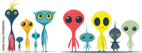Cute Colorful Alien Family Cartoon Characters Fantasy Illustration Extraterrestrial Visitors SciFi Universe Friendly Martians Space Explorers whimsical creatures Imaginary Beings Kids Design Funny
