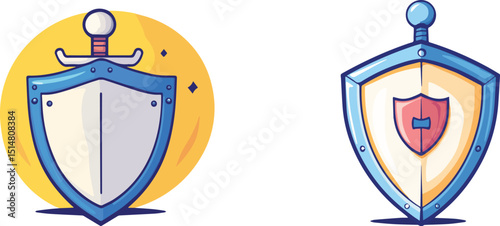 Two Medieval Shields and Sword Security Protection Safety Defend Guard Knight Warrior Game Icon Logo Cartoon Vector Illustration Bundle Set Collection Clipart Drawing Design Graphic Asset Fantasy
