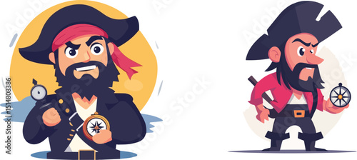 Two Cartoon Pirate Characters Holding Compass and Spyglass Adventure Navigation Treasure Hunt Seafaring Buccaneer Corsair Privateer Swashbuckler Nautical Maritime Ocean Exploration Vector