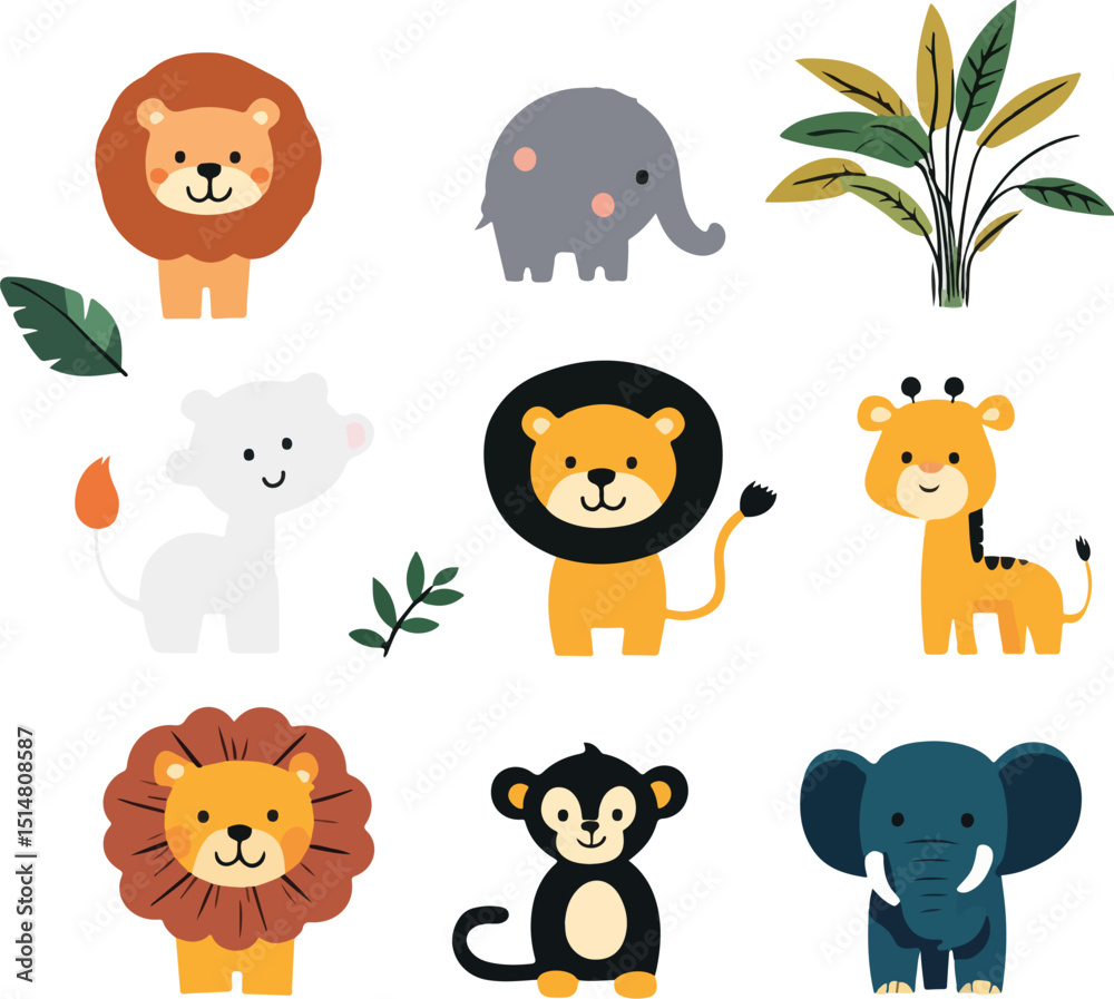 Fototapeta premium Cute Safari Animals Lion Elephant Giraffe Monkey Tropical Leaves Childrens Illustration Jungle Wildlife Cartoon Characters Kids Design Adorable Animal Set Vector Graphics for Nursery Decor Baby
