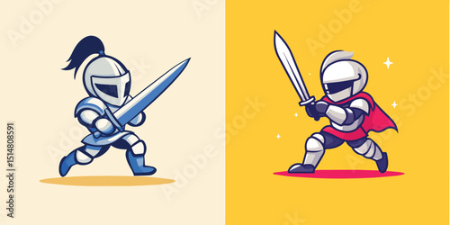 Two Knights Dueling Cartoon Character Running Attacking Posture Fantasy Game Icon Design Mascot Logo Template Vector Illustration Flat Style Suitable for Game Asset Sticker Print T-Shirt and Poster