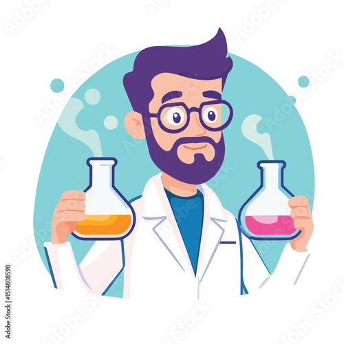 Scientist conducting chemical experiment with laboratory glassware beakers flasks tubes research analysis scientific lab discovery innovation experiment chemistry biology healthcare medical research
