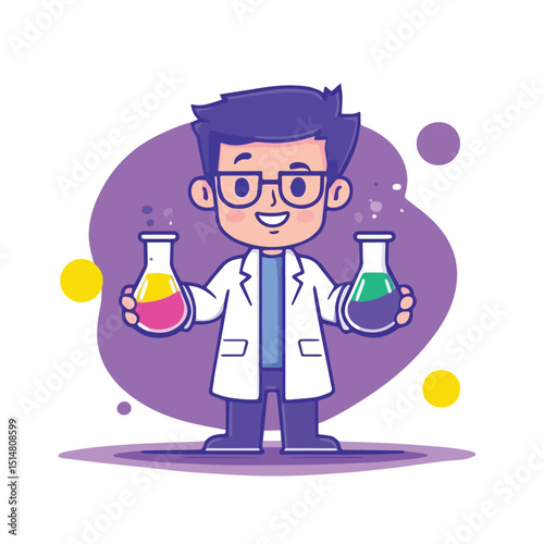 Cute cartoon scientist boy wearing glasses and lab coat holding colorful chemical beakers experiment research science lab laboratory kids education stem learning back to school chemistry biology