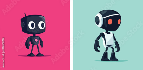 Two Cartoon Robots Artificial Intelligence Robotics Futuristic Technology Innovation Automation Digital Era Modern Concept Isolated Characters Vector Illustration