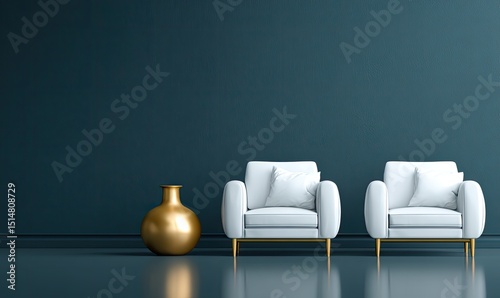 Modern, minimalist living room.  Two white armchairs and a gold vase against a deep teal wall.  Reflecting floor