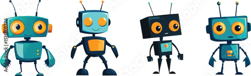 Four Cute Cartoon Robots with Orange Eyes and Antennas in Different Poses Isolated on White Background Ideal for Childrens Books Toys and Robotics Projects Related Designs