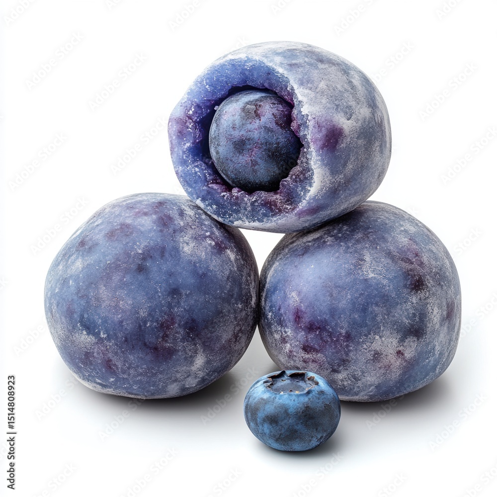 Obraz premium Close-up of fresh ripe blueberries stacked on a white background, showcasing their vibrant color, juicy texture, and natural appearance for healthy fruit consumption