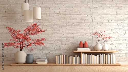 Minimalist living room with wooden bookshelves and plants