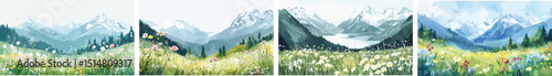Mountain landscape with alpine meadow wildflowers and forest vector illustration set panoramic view snow peaks wild nature beautiful scenery summer or spring season green fields and blue sky