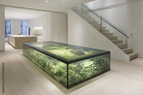 Modern, minimalist home interior with a glass-enclosed, landscaped planter in the center of the open-plan living space.  Kitchen visible in the background