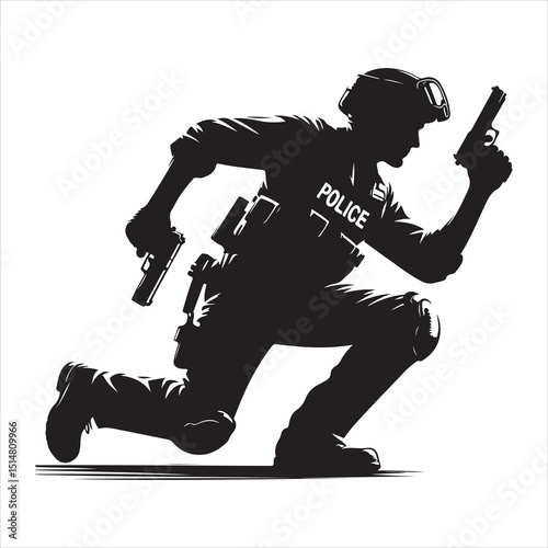 Police Officer in Action Silhouette - Defending Law and Order, black colour vactor 