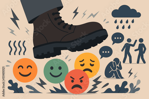 Crushed emotions metaphor. Heavy boot stomping on diverse emojis, symbolizing suppressed feelings, psychological stress, mental health crisis, negativity, conflict, anxiety, and despair. Vector.