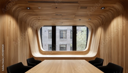 Modern meeting room with curved wood paneling